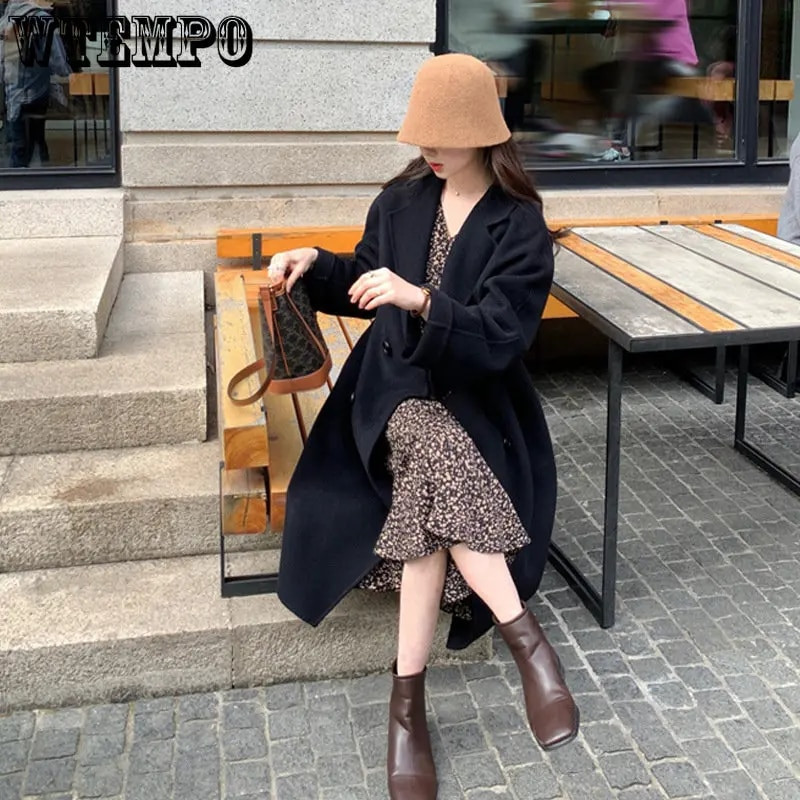 WTEMPO dvipusis kašmyro paltas, moteriškas vidutinio ilgio vilnonis viršutinis sluoksnis, 2022 m. rudens ir žiemos naujas aukščiausios kokybės Hepburn stiliaus paltas