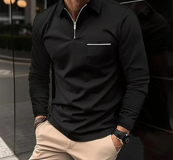 Πόλο μπλουζάκια για άντρες μόδας Ευέλικτο casual μονόχρωμη τσέπη με φερμουάρ με μακριά μανίκια αθλητικό φαρδύ πουκάμισο φθινόπωρο νέο 2023