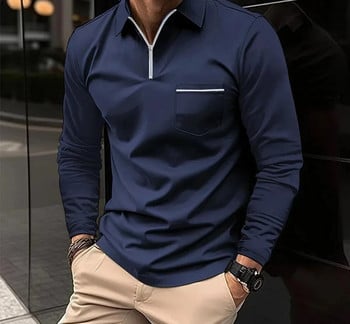 Поло тениски за мъже Модни универсални ежедневни едноцветни джобове с цип и дълги ръкави Спортна широка риза Есен Нова 2023 г.