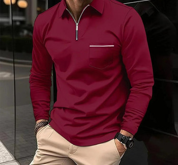 Πόλο μπλουζάκια για άντρες μόδας Ευέλικτο casual μονόχρωμη τσέπη με φερμουάρ με μακριά μανίκια αθλητικό φαρδύ πουκάμισο φθινόπωρο νέο 2023