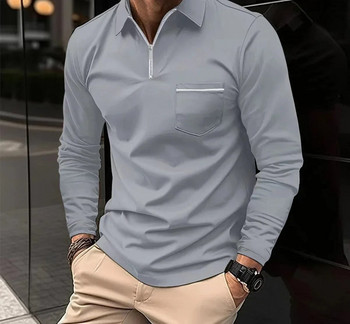 Поло тениски за мъже Модни универсални ежедневни едноцветни джобове с цип и дълги ръкави Спортна широка риза Есен Нова 2023 г.