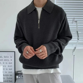 Мъжки пуловер с ревери 2023 Есен Зима Топъл ежедневен плетен пуловер Топове Моден свободен пуловер с цип с дълъг ръкав Мъжки джъмперни дрехи