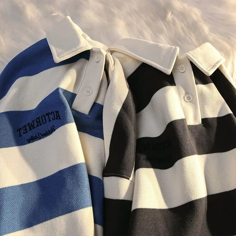 Polo majice Muške velike veličine Retro prugasti pulover s polo ovratnikom Muški jesenski široki kaput Dugi rukavi Top s gumbima