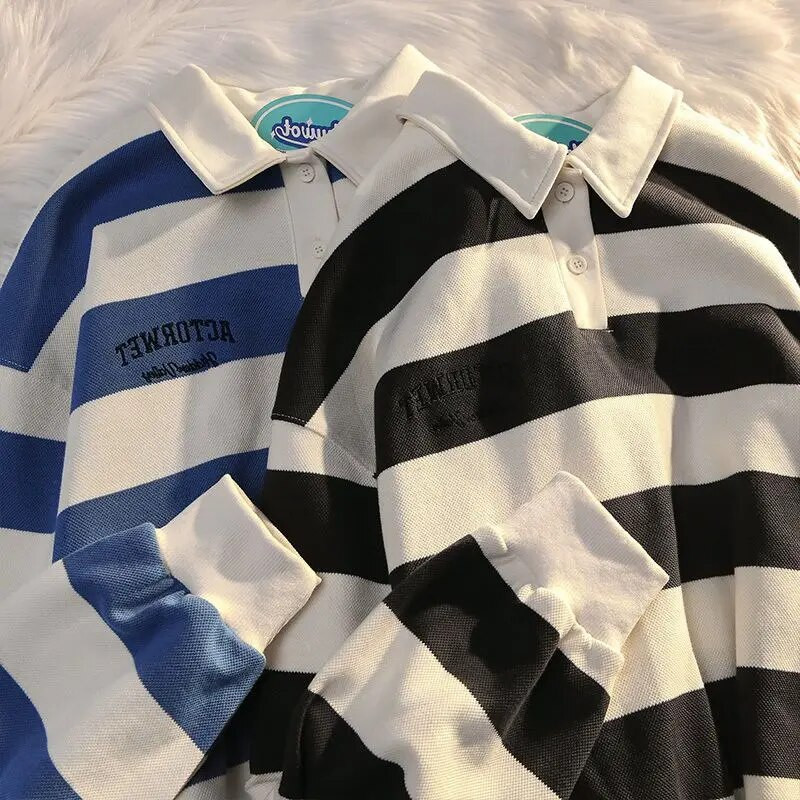 Polo majice Muške velike veličine Retro prugasti pulover s polo ovratnikom Muški jesenski široki kaput Dugi rukavi Top s gumbima