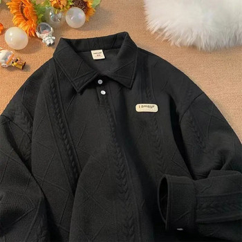 Поло риза с голям размер Мъжки пуловер с отложна яка, пуловер с дълги ръкави, копчета, едноцветни дамски пролетни есенни блузи