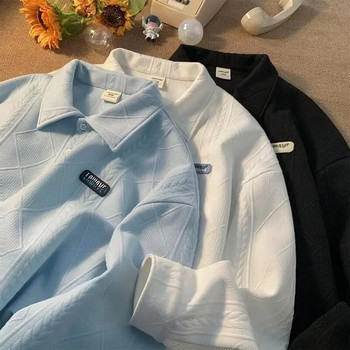 Поло риза с голям размер Мъжки пуловер с отложна яка, пуловер с дълги ръкави, копчета, едноцветни дамски пролетни есенни блузи