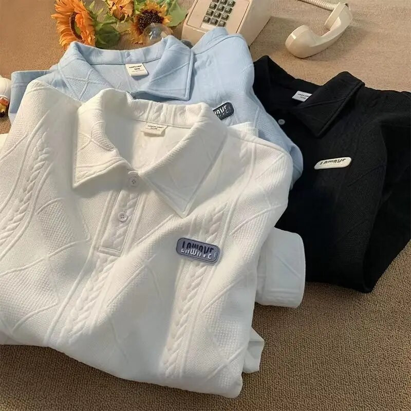 Didelio dydžio polo marškinėliai Vyriški apykaklės megztiniai megztiniai ilgomis rankovėmis sagos Vienspalviai moteriški pavasario rudens viršutiniai marškiniai