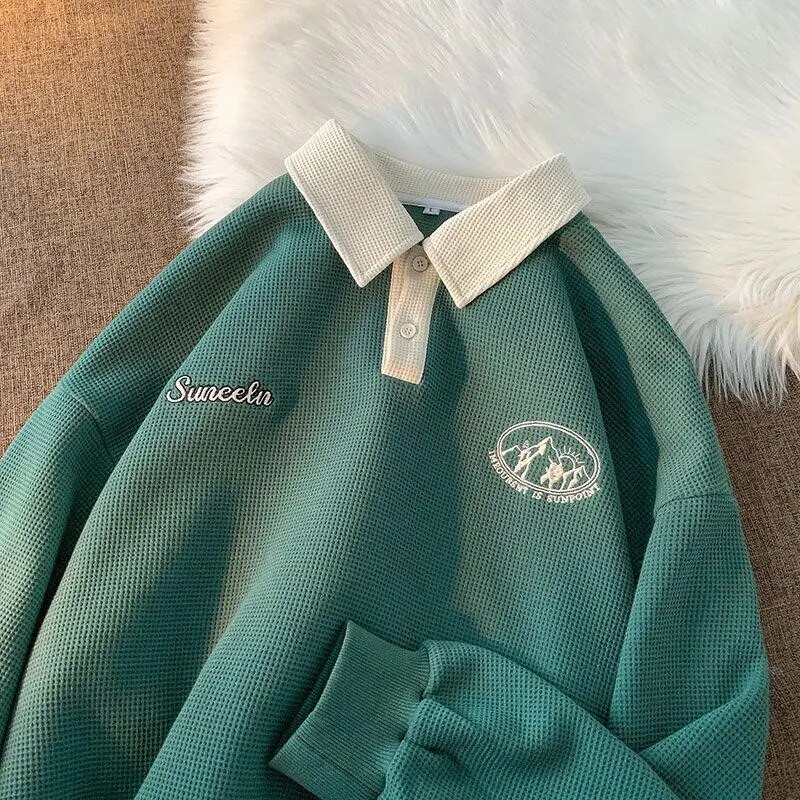 Polo krekls Vīriešu rudens Jauna kontrasta krāsa Apkakles džemperis Sieviešu Liela izmēra Garas Piedurknes Brīvi Pāris Ikdienas Topi