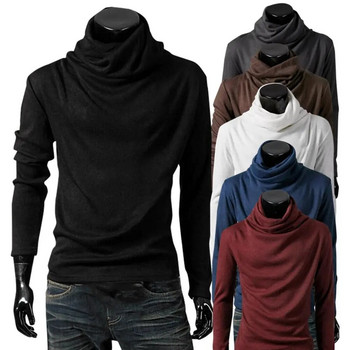 Елегантна мъжка едноцветна тениска с дълги ръкави, пуловер с долна част и яка