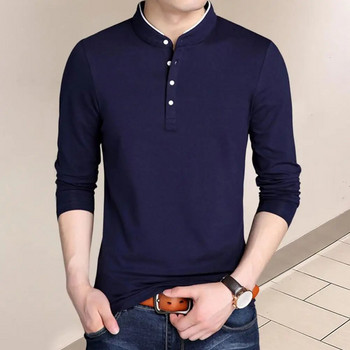 Мъжка тениска Едноцветна тениска с копчета Деколте Slim Fit Tee Shirt Есен Зима Антипилинг Основна горна долна тениска за ежедневно носене