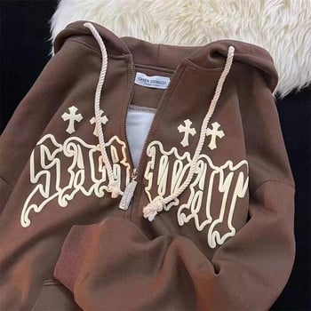 Goth Embroidery Hoodies Women High Street Harajuku Retro Hip Hop Zip Up Hoodie Loose Man Sweatshirt Hoodie Дрехи Y2K Hoodie