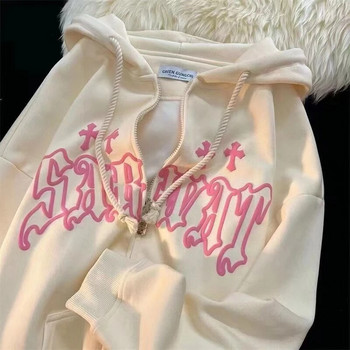 Goth Embroidery Hoodies Women High Street Harajuku Retro Hip Hop Zip Up Hoodie Loose Man Sweatshirt Hoodie Дрехи Y2K Hoodie