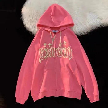 Goth Embroidery Hoodies Women High Street Harajuku Retro Hip Hop Zip Up Hoodie Loose Man Sweatshirt Hoodie Дрехи Y2K Hoodie