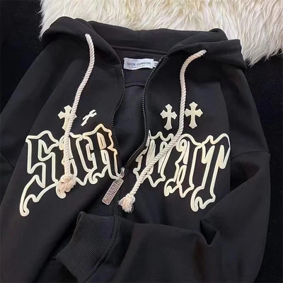 Goth Izšuvumi Hoodies Sieviešu High Street Harajuku Retro Hip Hop Hoodie Zip Up Brīvs Vīriešu Džemperis Hoodie Apģērbi Y2K Hoodie