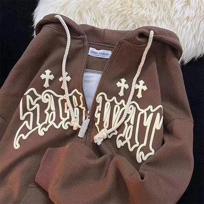 Goth Izšuvumi Hoodies Sieviešu High Street Harajuku Retro Hip Hop Hoodie Zip Up Brīvs Vīriešu Džemperis Hoodie Apģērbi Y2K Hoodie