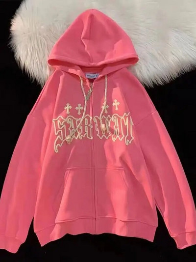 Goth Izšuvumi Hoodies Sieviešu High Street Harajuku Retro Hip Hop Hoodie Zip Up Brīvs Vīriešu Džemperis Hoodie Apģērbi Y2K Hoodie