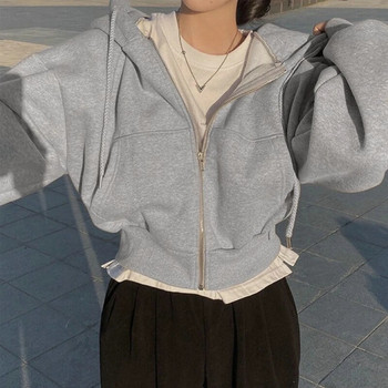 Φθινοπωρινό ρετρό μονόχρωμο φερμουάρ 2023 Γυναικεία φούτερ με κουκούλα, Κορεάτικη έκδοση Harajuku, μακρυμάνικο κοντό παλτό με κουκούλα