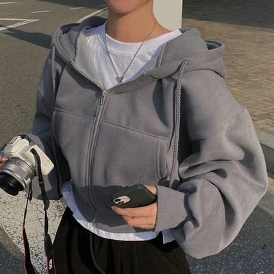 2023. gada rudens retro vienkrāsains, rāvējslēdzējs, lielizmēra džemperi ar kapuci Sieviešu Harajuku korejiešu versija ar garām piedurknēm, īsiem kapucēm