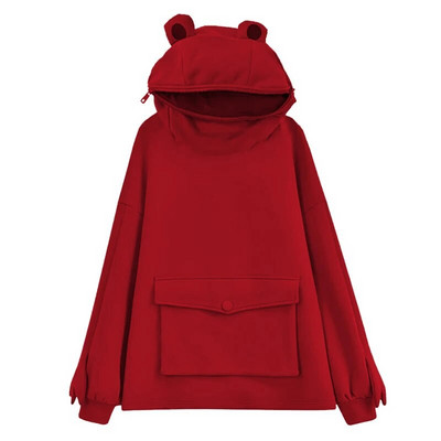 Sieviešu jaunums Frog Hoodie džemperis ar garām piedurknēm vienkrāsains mētelis ar kapuci ar slinka stila pārloka kabatu