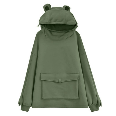 Sieviešu jaunums Frog Hoodie džemperis ar garām piedurknēm vienkrāsains mētelis ar kapuci ar slinka stila pārloka kabatu