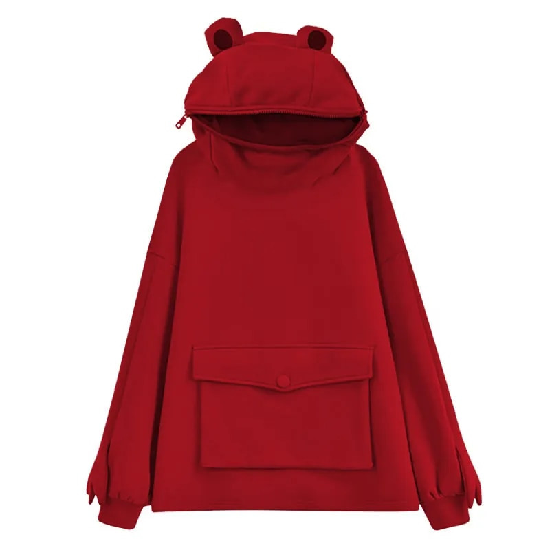 Sieviešu jaunums Frog Hoodie džemperis ar garām piedurknēm vienkrāsains mētelis ar kapuci ar slinka stila pārloka kabatu