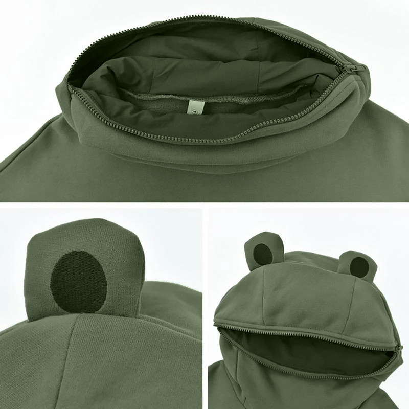 Sieviešu jaunums Frog Hoodie džemperis ar garām piedurknēm vienkrāsains mētelis ar kapuci ar slinka stila pārloka kabatu