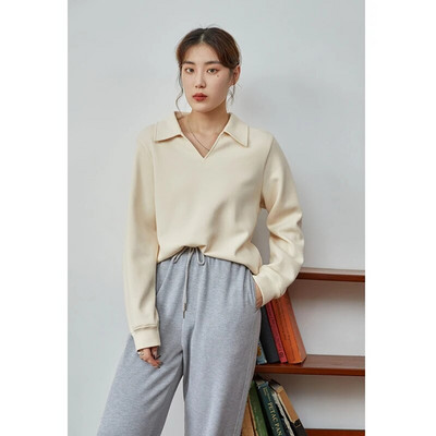 DUSHU sieviešu pulovers džemperis, melns sieviešu džemperis V veida kakla izgriezuma brīvi džemperi ar garām piedurknēm silti biezi, vispiemērotākie bēši ikdienas topi