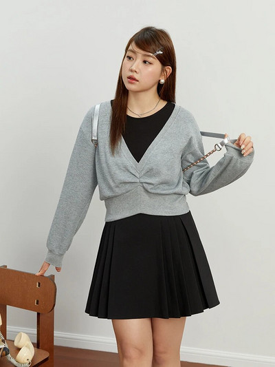 DUSHU sieviešu pulovers džemperis, melns sieviešu džemperis V veida kakla izgriezuma brīvi džemperi ar garām piedurknēm silti biezi, vispiemērotākie bēši ikdienas topi