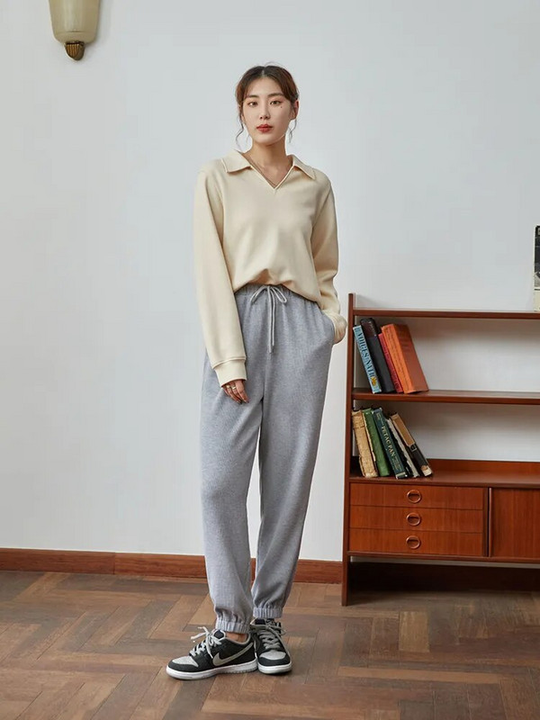 DUSHU sieviešu pulovers džemperis, melns sieviešu džemperis V veida kakla izgriezuma brīvi džemperi ar garām piedurknēm silti biezi, vispiemērotākie bēši ikdienas topi