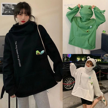 Γυναικεία Kawaii Frog Hoodies Φούτερ Μαύρο Πράσινο μακρυμάνικο Κορέα Γυναικεία αισθητική Streetwear Vintage ρούχα για ζευγάρια