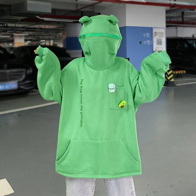 Sieviete Kawaii Frog Hoodies Džemperis Melns Zaļš Garām Piedurknēm Koreja Estētisks Sieviešu Ielu apģērbs Vintage Pāru Apģērbs