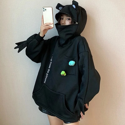 Sieviete Kawaii Frog Hoodies Džemperis Melns Zaļš Garām Piedurknēm Koreja Estētisks Sieviešu Ielu apģērbs Vintage Pāru Apģērbs