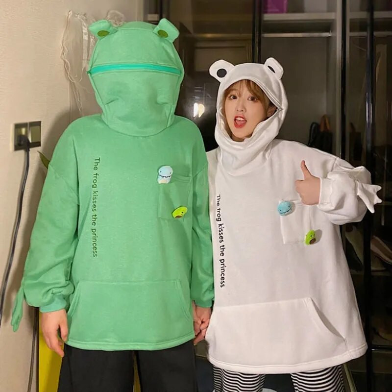 Sieviete Kawaii Frog Hoodies Džemperis Melns Zaļš Garām Piedurknēm Koreja Estētisks Sieviešu Ielu apģērbs Vintage Pāru Apģērbs