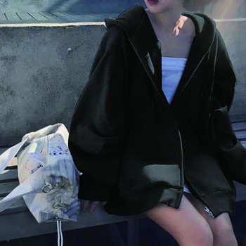 Γυναικείο φούτερ με φερμουάρ με φερμουάρ Απλό κορεάτικο τσέπες για φούτερ Μεγάλο μέγεθος 5xl Poleron φαρδύ συμπαγές κορδόνι με κουκούλα