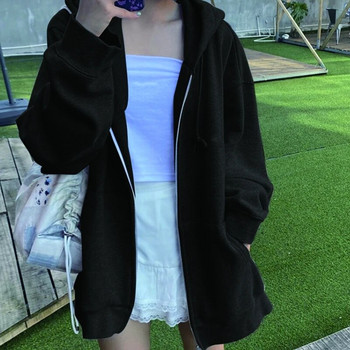 Γυναικείο φούτερ με φερμουάρ με φερμουάρ Απλό κορεάτικο τσέπες για φούτερ Μεγάλο μέγεθος 5xl Poleron φαρδύ συμπαγές κορδόνι με κουκούλα