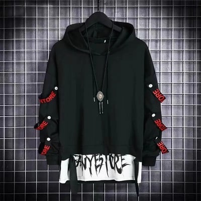 Őszi férfi kapucnis pulóver Alkalmi fekete kapucnis felsők Techwear Hip Hop Harajuku Patchwork Japán utcai ruházat férfi 3XL