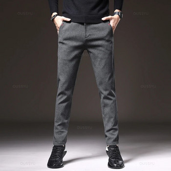 2023 Νέο χειμωνιάτικο ανδρικό παντελόνι από βουρτσισμένο ύφασμα για άντρες, ανδρικό παντελόνι με λεπτή εφαρμογή μόδας, χοντρό γκρι μπλε μαύρο βαμβακερό