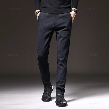 2023 Нови зимни мъжки ежедневни панталони от четкана материя Бизнес модни прилепнали разтегливи дебели сиви сини черни памучни панталони Мъжки