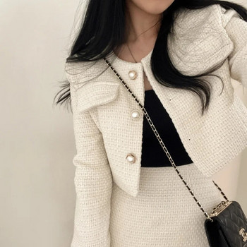 2023 Φθινοπωρινά μπουφάν με μονό στήθος Tweed Γυναικεία παλτό Ψηλόμεση Μίνι φούστα 2 τεμαχίων Ανοιξιάτικη στολή Κομψό πολυτελές κοστούμι γραφείου