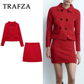 TRAFZA 2023. gada rudens ziemas sieviešu biroja sieviešu trikotāžas uzvalks, ikdienišķs, vienkrāsains, divrindu džemperis + mazi taisni svārki