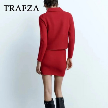 TRAFZA 2023 Φθινόπωρο Χειμώνας Γυναικείο Γυναικείο πλεκτό κοστούμι Μόδα Casual Μονόχρωμο διπλό πουλόβερ Blazer+Μίνι ίσια φούστα