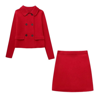 TRAFZA 2023. gada rudens ziemas sieviešu biroja sieviešu trikotāžas uzvalks, ikdienišķs, vienkrāsains, divrindu džemperis + mazi taisni svārki