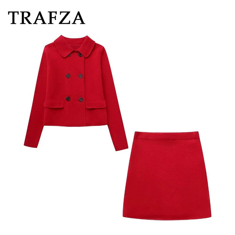 TRAFZA 2023. gada rudens ziemas sieviešu biroja sieviešu trikotāžas uzvalks, ikdienišķs, vienkrāsains, divrindu džemperis + mazi taisni svārki