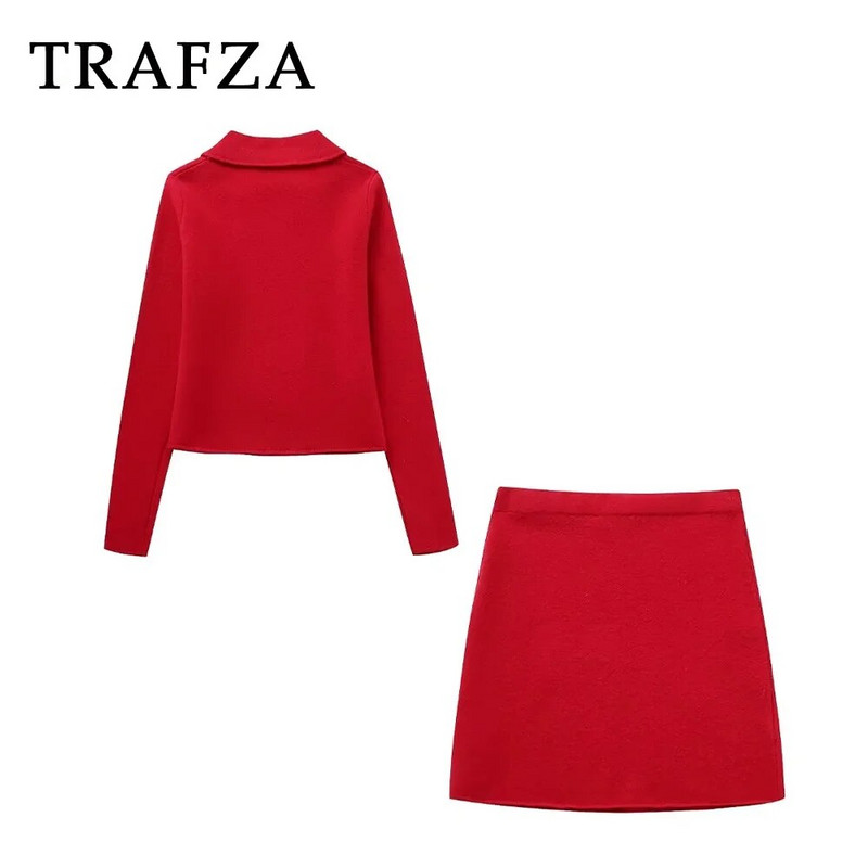 TRAFZA 2023. gada rudens ziemas sieviešu biroja sieviešu trikotāžas uzvalks, ikdienišķs, vienkrāsains, divrindu džemperis + mazi taisni svārki