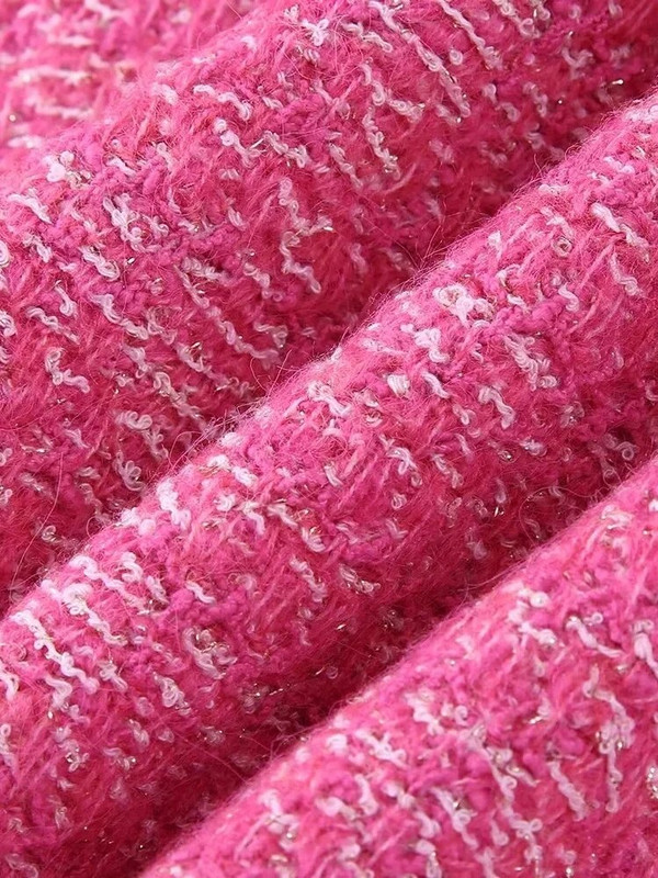 Sieviešu modes rozā tvīda trikotāžas ar pilnām piedurknēm apgrieztām virsdrēbēm A-līnijas svārki ar augstu vidukli, 2022. gada jauni biroja dāmu divu gabalu komplekti