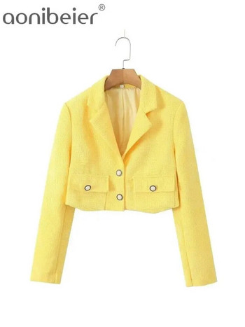 Aonibeier Elegant Office Tweed Jacket Mini Skirt Suits Traf 2023 Χειμώνας με μακρυμάνικα κουμπιά Γυναικεία μπλέιζερ Γυναικεία Crop Top Σετ