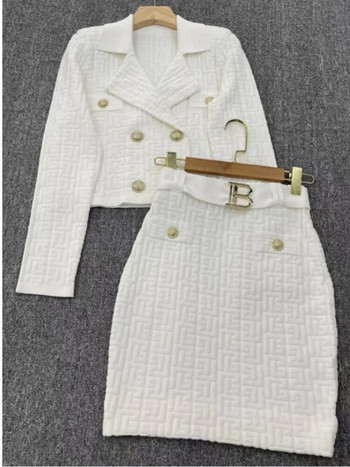 Френски малък ароматен костюм от 2 части, двуредно късо плетено горнище + комплекти от еластична пола на бедрата, женски пуловер с жилетка