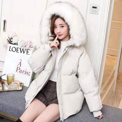 2023. gada ziemas mākslīgās kažokādas apkakle ar biezu kapuci, korejiešu modes brīvi īsās jakas, klasiskas pamata lielizmēra kokvilnas polsterētas virsdrēbes