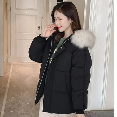 2023. gada ziemas mākslīgās kažokādas apkakle ar biezu kapuci, korejiešu modes brīvi īsās jakas, klasiskas pamata lielizmēra kokvilnas polsterētas virsdrēbes