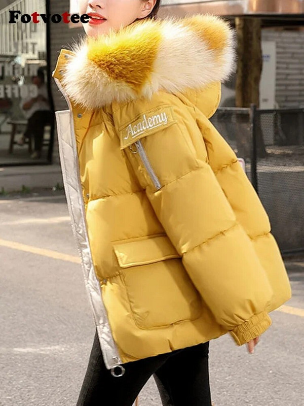 Fotvotee Χειμερινό παλτό Γυναικεία με κουκούλα Κορεάτικη μόδα Παχύ Ζεστά Παλτό Κομψό Puffer Jacket Vintage Streetwear Ρούχα